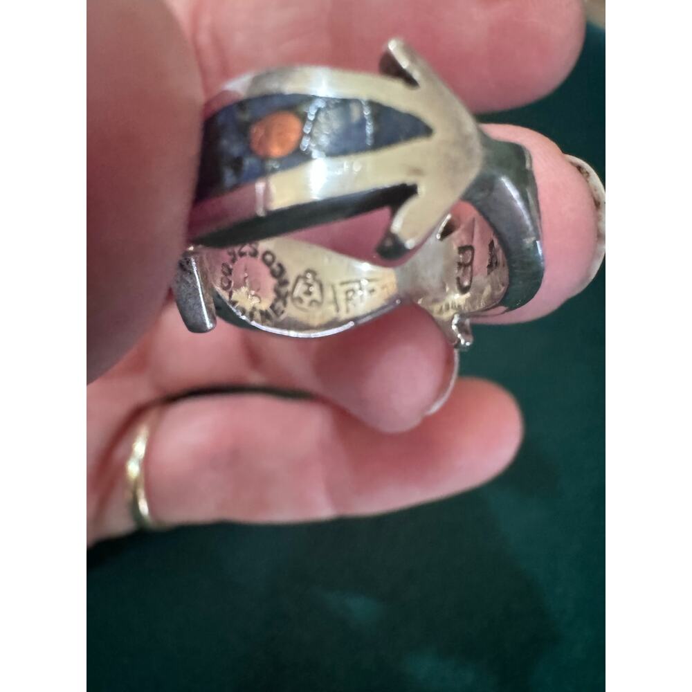 Vintage Inlaid Lapis & Turquoise, Silver & Copper Ichthys Fish Ring Taxco